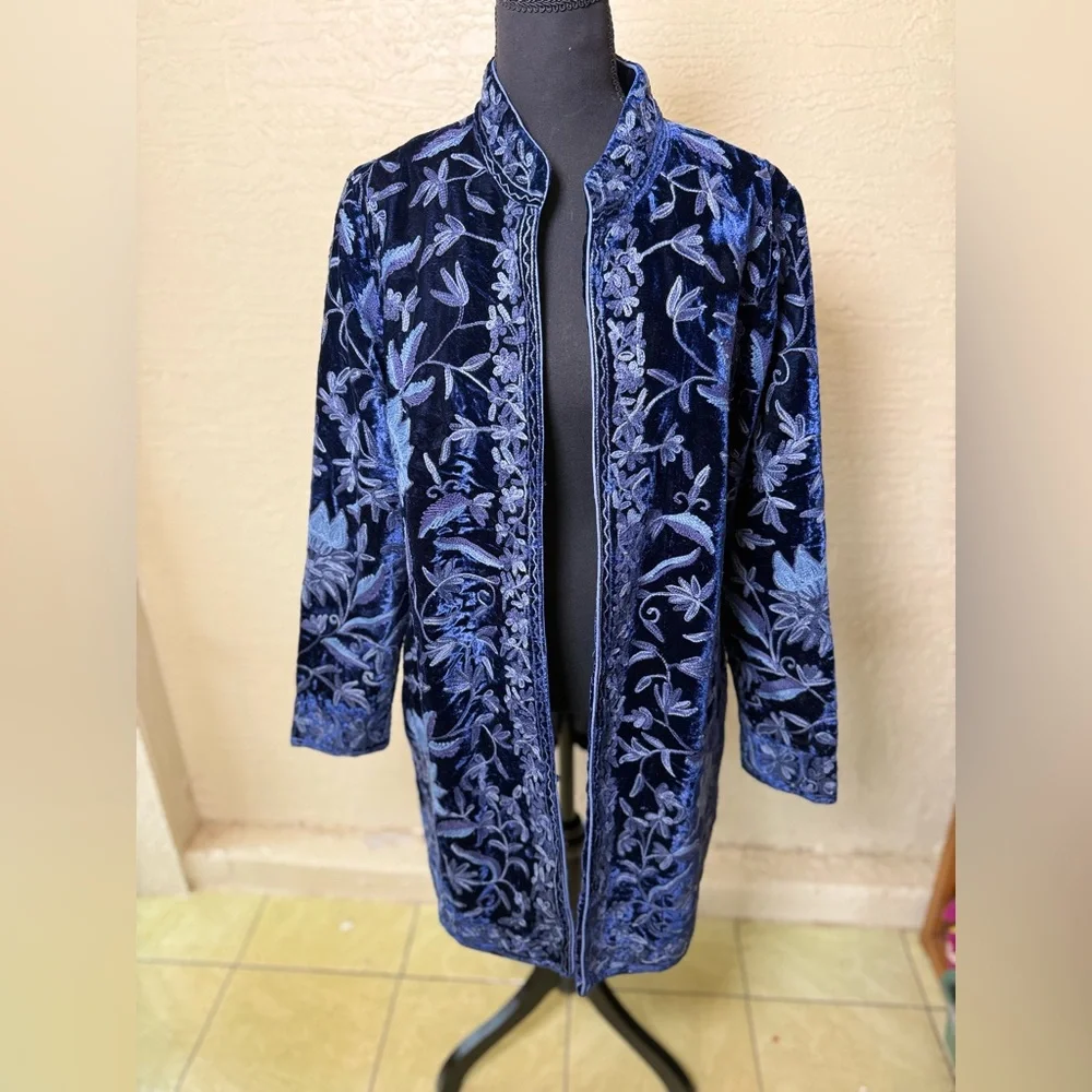 Soft Surroundings Navy Blue Velvet Embroidered Trench Coat - Picture 7 of 16